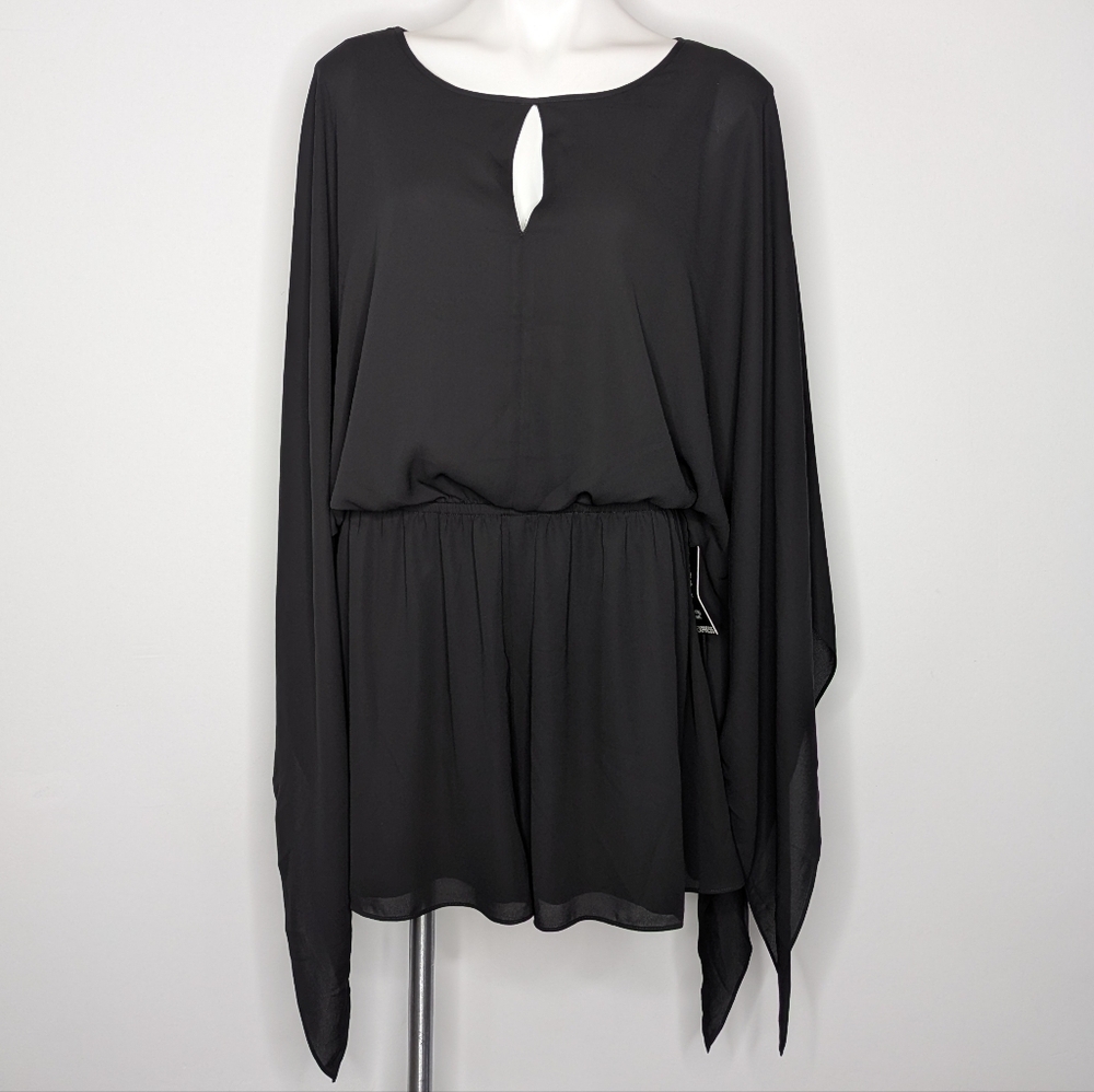 NWT Express Black Wide Draped Batwing Sleeve Keyhole Romper L